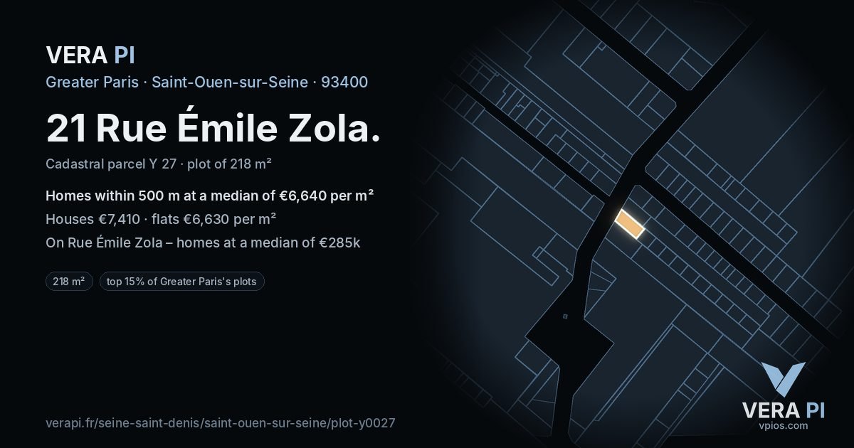 21 Rue Émile Zola, Saint-Ouen-sur-Seine at night – the plot lit, the parcels around coloured by the prices near them