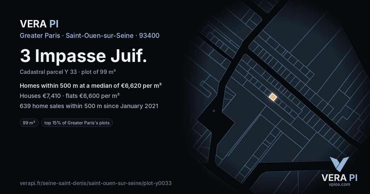 3 Impasse Juif, Saint-Ouen-sur-Seine at night – the plot lit, the parcels around coloured by the prices near them