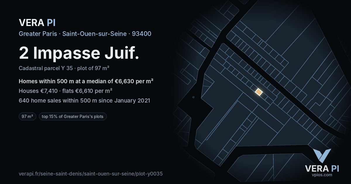 2 Impasse Juif, Saint-Ouen-sur-Seine at night – the plot lit, the parcels around coloured by the prices near them