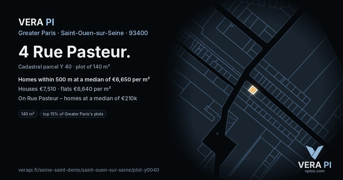 4 Rue Pasteur, Saint-Ouen-sur-Seine at night – the plot lit, the parcels around coloured by the prices near them