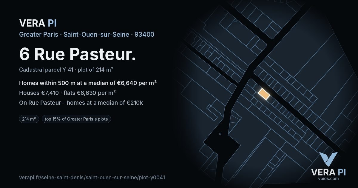 6 Rue Pasteur, Saint-Ouen-sur-Seine at night – the plot lit, the parcels around coloured by the prices near them