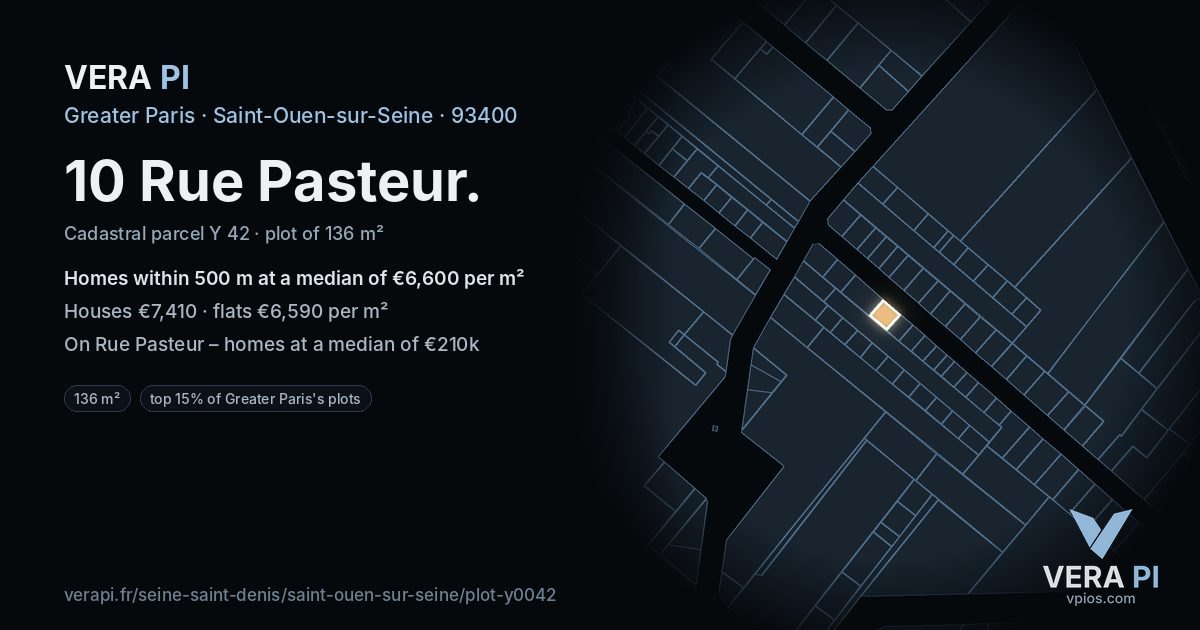 10 Rue Pasteur, Saint-Ouen-sur-Seine at night – the plot lit, the parcels around coloured by the prices near them