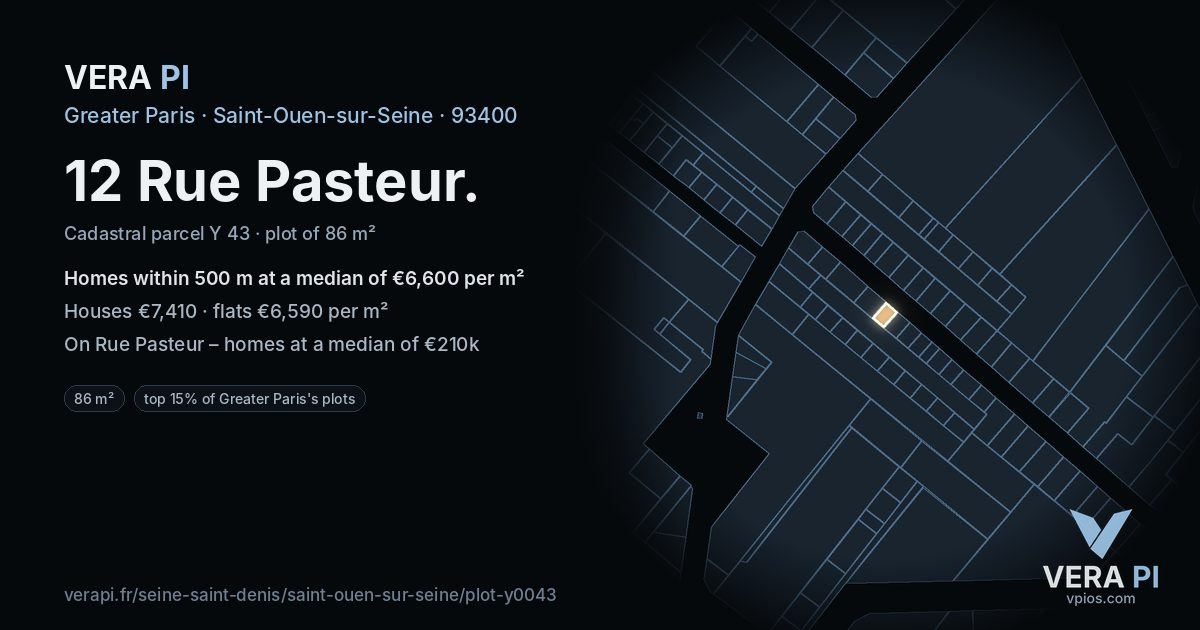 12 Rue Pasteur, Saint-Ouen-sur-Seine at night – the plot lit, the parcels around coloured by the prices near them