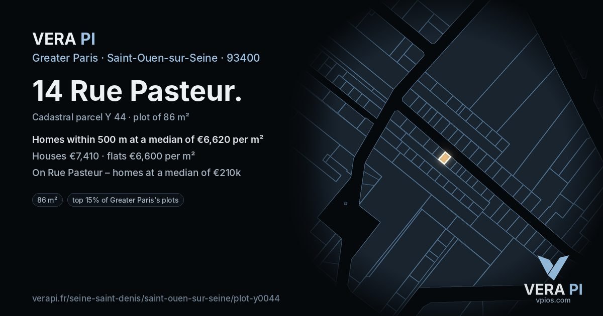 14 Rue Pasteur, Saint-Ouen-sur-Seine at night – the plot lit, the parcels around coloured by the prices near them