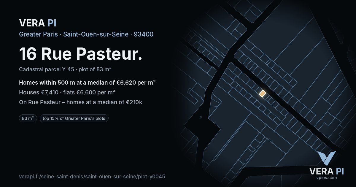 16 Rue Pasteur, Saint-Ouen-sur-Seine at night – the plot lit, the parcels around coloured by the prices near them