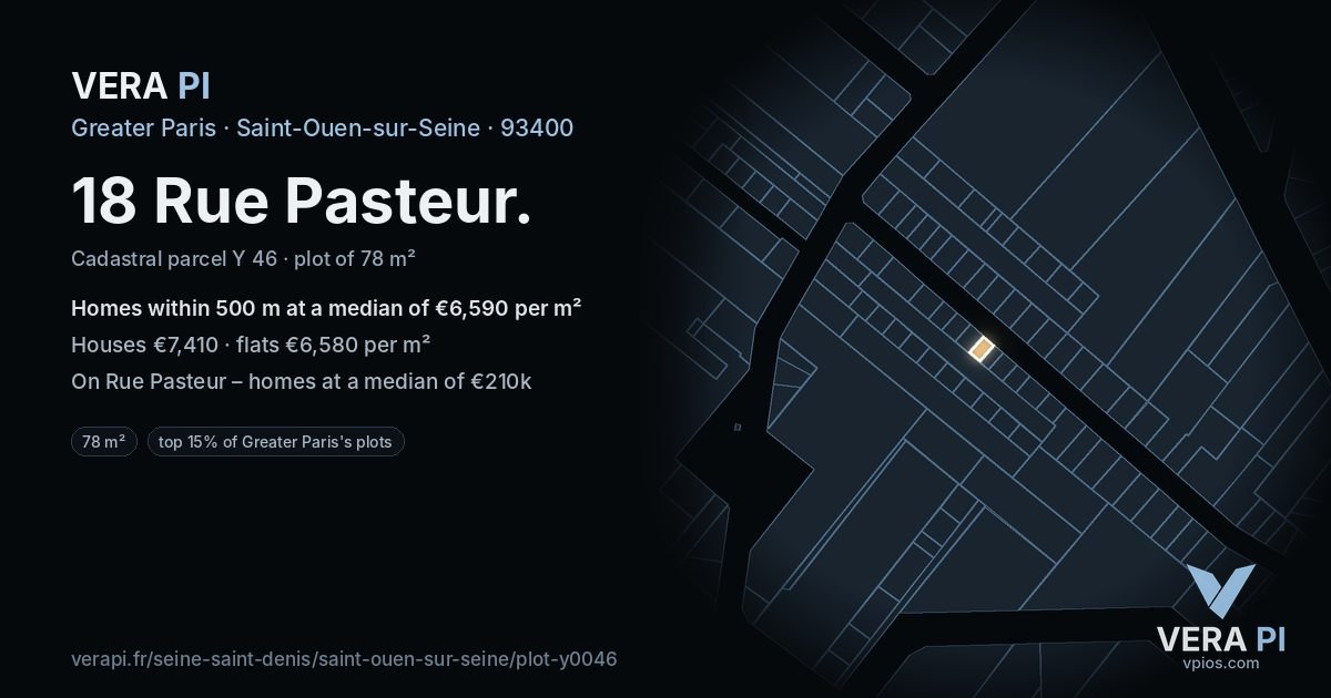 18 Rue Pasteur, Saint-Ouen-sur-Seine at night – the plot lit, the parcels around coloured by the prices near them