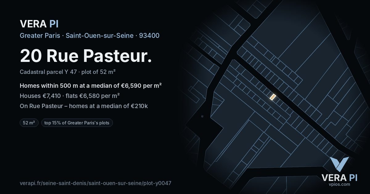 20 Rue Pasteur, Saint-Ouen-sur-Seine at night – the plot lit, the parcels around coloured by the prices near them