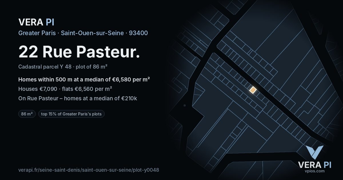 22 Rue Pasteur, Saint-Ouen-sur-Seine at night – the plot lit, the parcels around coloured by the prices near them