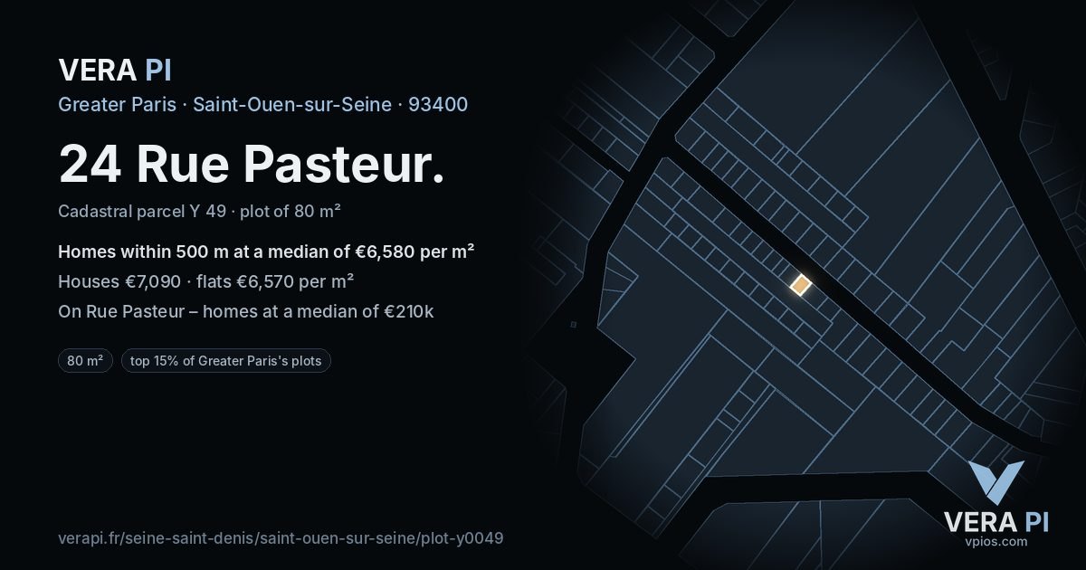 24 Rue Pasteur, Saint-Ouen-sur-Seine at night – the plot lit, the parcels around coloured by the prices near them