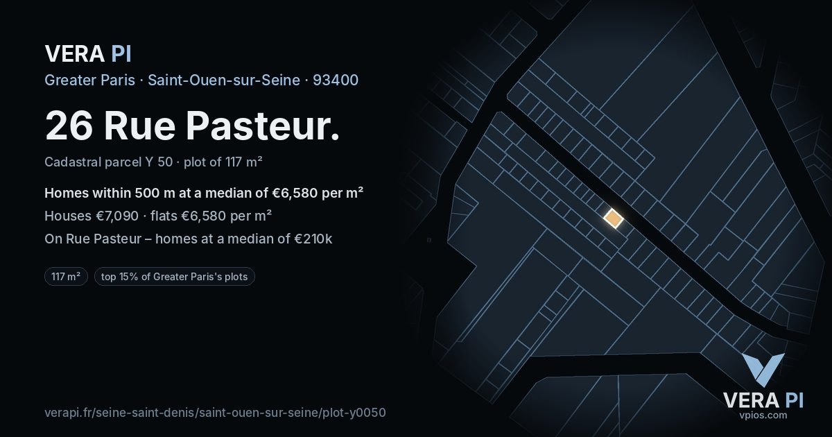 26 Rue Pasteur, Saint-Ouen-sur-Seine at night – the plot lit, the parcels around coloured by the prices near them