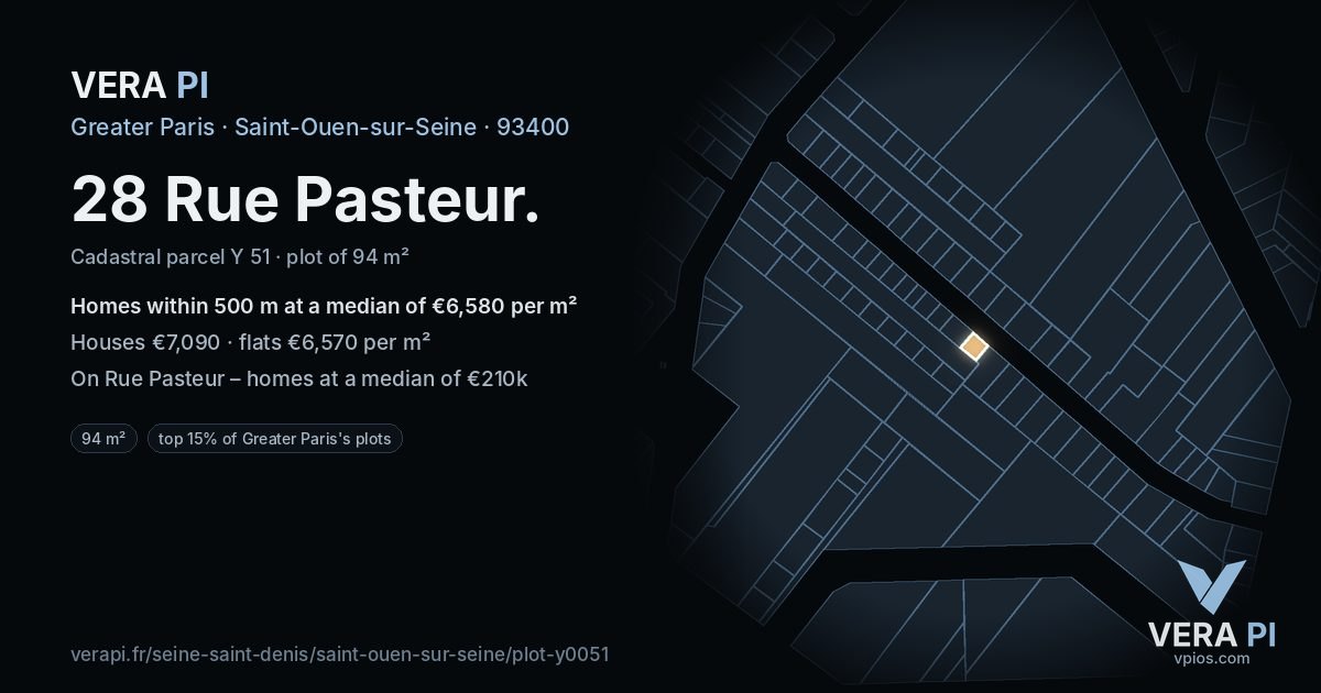 28 Rue Pasteur, Saint-Ouen-sur-Seine at night – the plot lit, the parcels around coloured by the prices near them