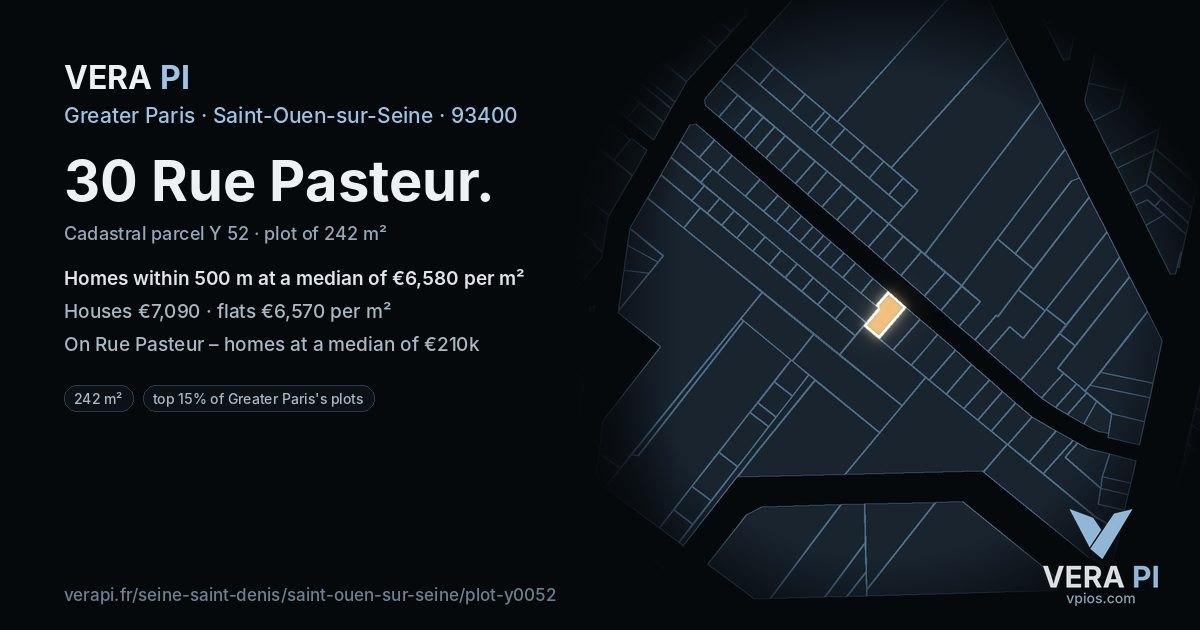 30 Rue Pasteur, Saint-Ouen-sur-Seine at night – the plot lit, the parcels around coloured by the prices near them