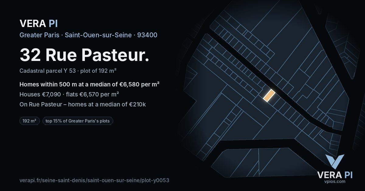 32 Rue Pasteur, Saint-Ouen-sur-Seine at night – the plot lit, the parcels around coloured by the prices near them