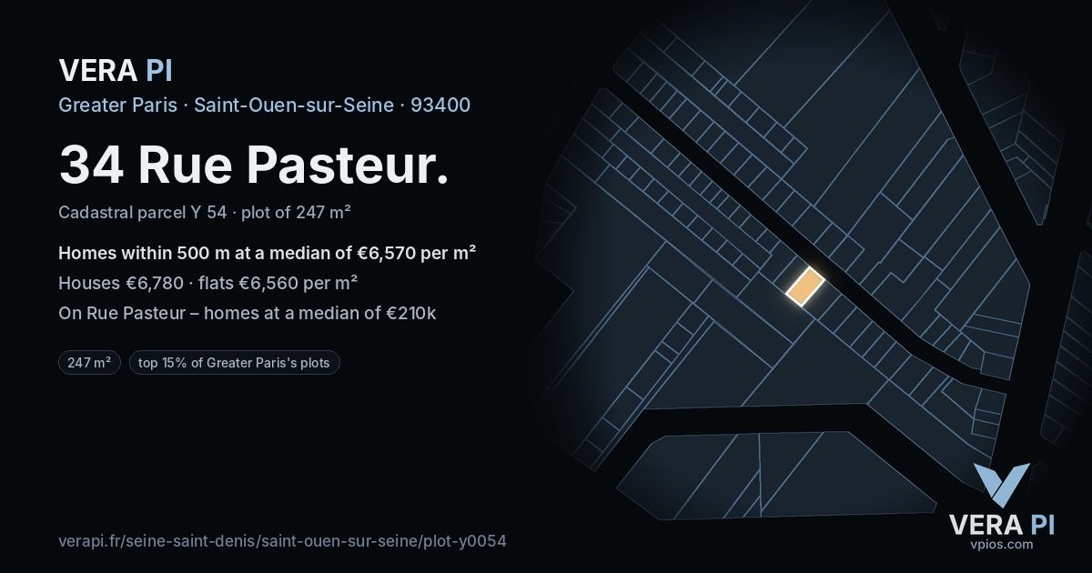 34 Rue Pasteur, Saint-Ouen-sur-Seine at night – the plot lit, the parcels around coloured by the prices near them