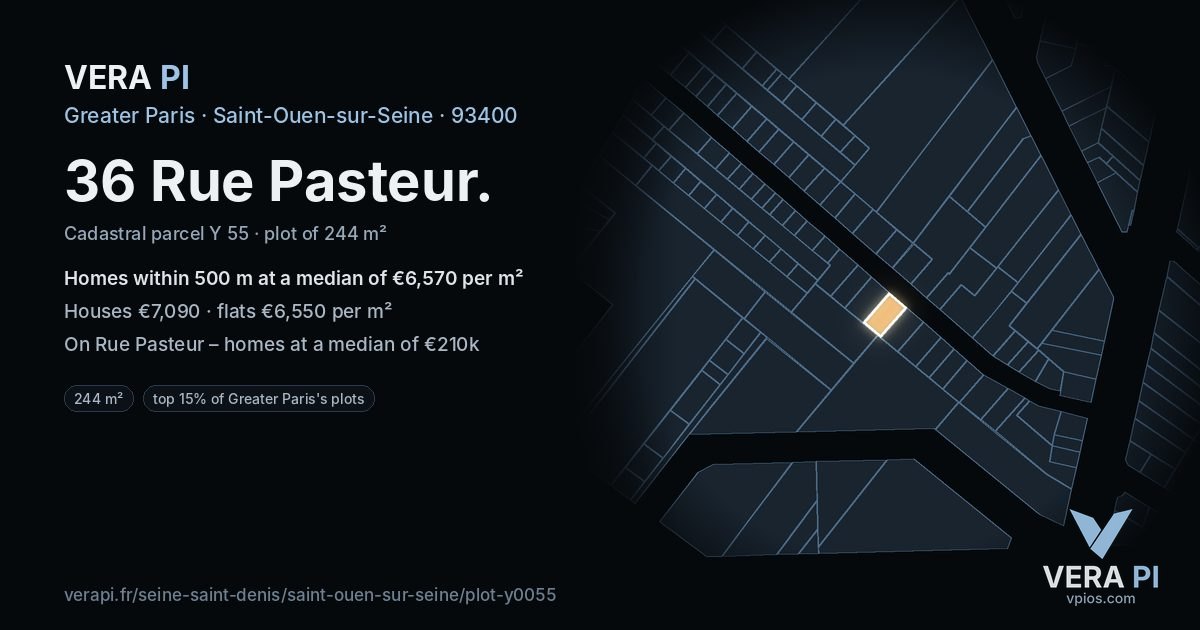 36 Rue Pasteur, Saint-Ouen-sur-Seine at night – the plot lit, the parcels around coloured by the prices near them