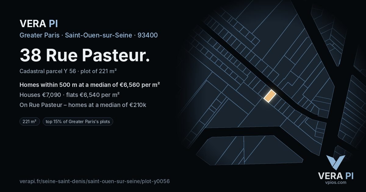 38 Rue Pasteur, Saint-Ouen-sur-Seine at night – the plot lit, the parcels around coloured by the prices near them
