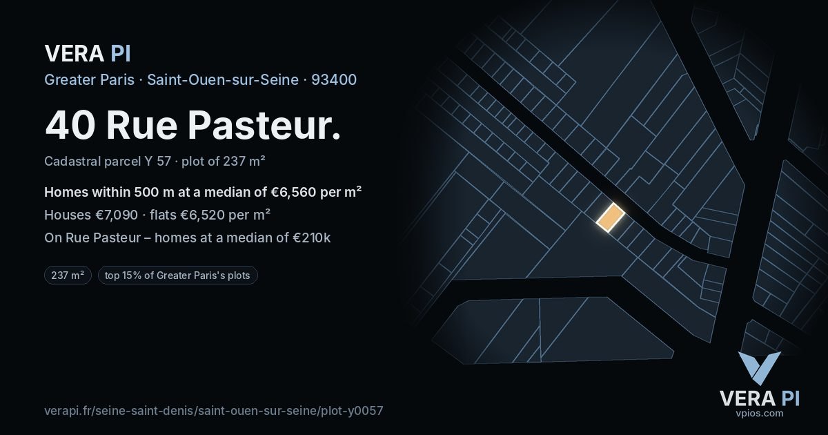 40 Rue Pasteur, Saint-Ouen-sur-Seine at night – the plot lit, the parcels around coloured by the prices near them