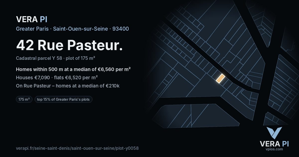 42 Rue Pasteur, Saint-Ouen-sur-Seine at night – the plot lit, the parcels around coloured by the prices near them