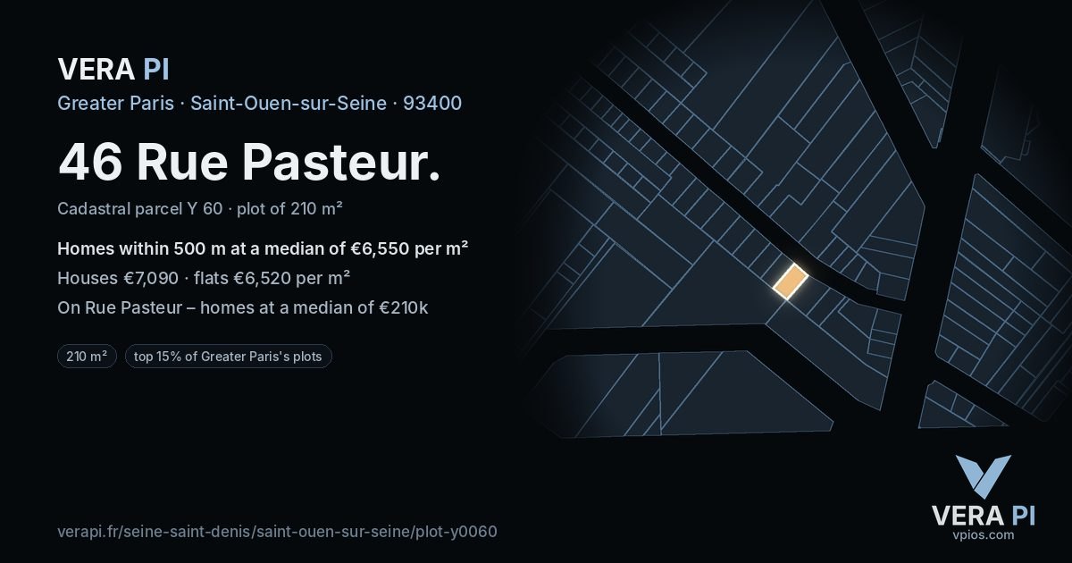 46 Rue Pasteur, Saint-Ouen-sur-Seine at night – the plot lit, the parcels around coloured by the prices near them