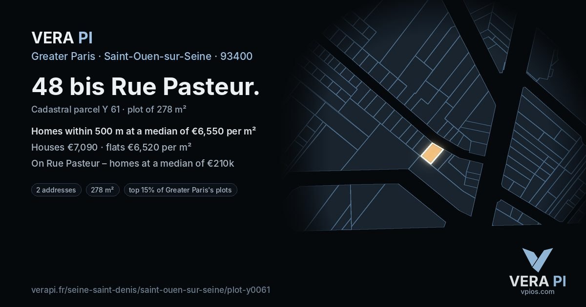 48 bis Rue Pasteur, Saint-Ouen-sur-Seine at night – the plot lit, the parcels around coloured by the prices near them