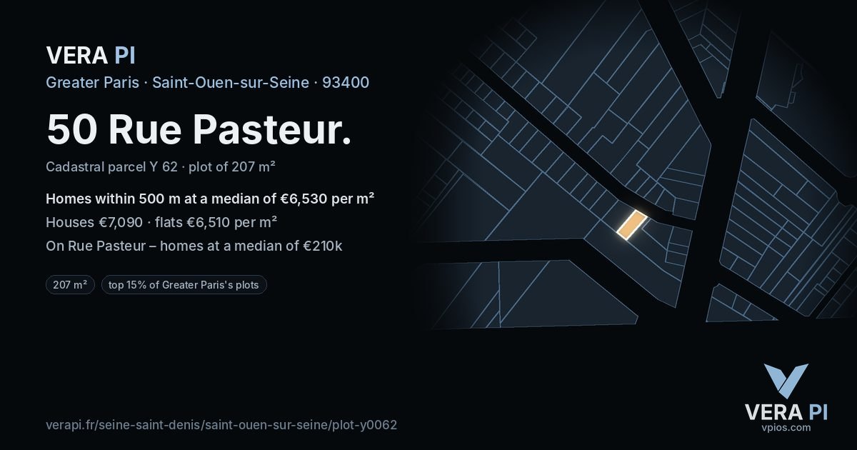 50 Rue Pasteur, Saint-Ouen-sur-Seine at night – the plot lit, the parcels around coloured by the prices near them