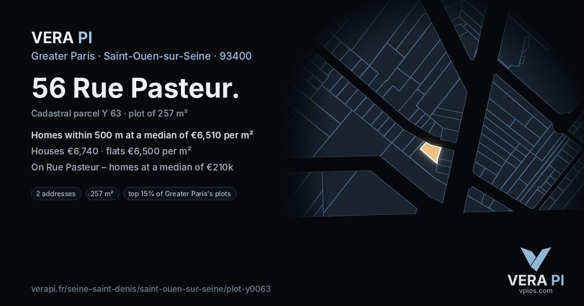 56 Rue Pasteur, Saint-Ouen-sur-Seine at night – the plot lit, the parcels around coloured by the prices near them