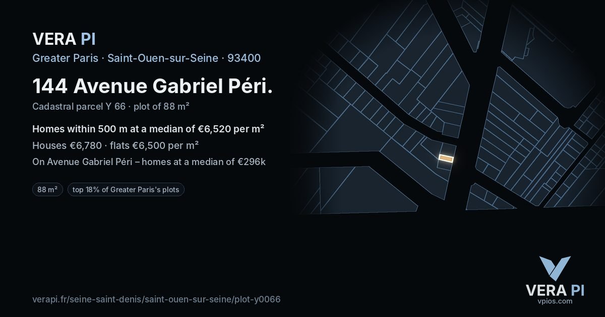 144 Avenue Gabriel Péri, Saint-Ouen-sur-Seine at night – the plot lit, the parcels around coloured by the prices near them