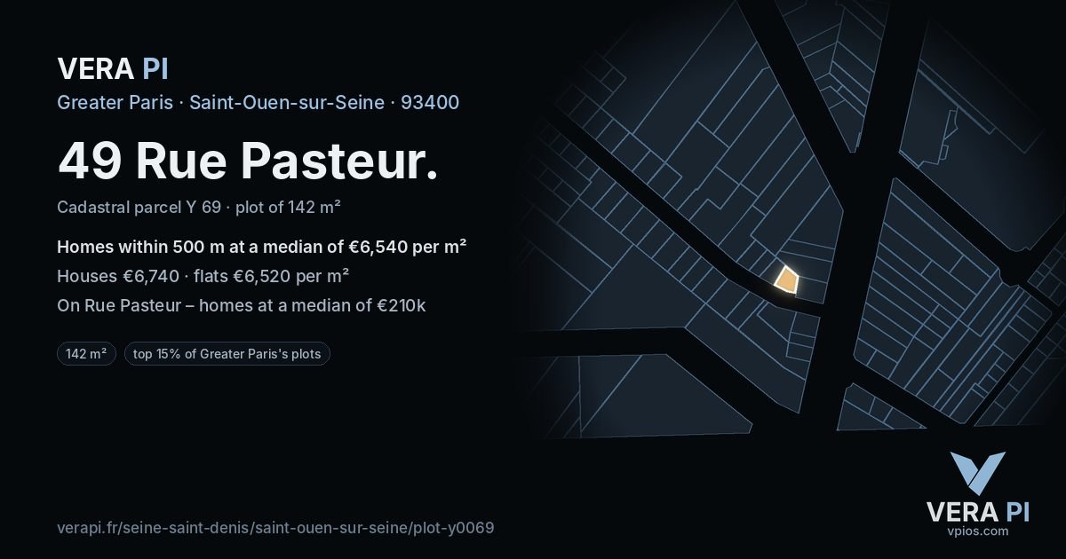 49 Rue Pasteur, Saint-Ouen-sur-Seine at night – the plot lit, the parcels around coloured by the prices near them