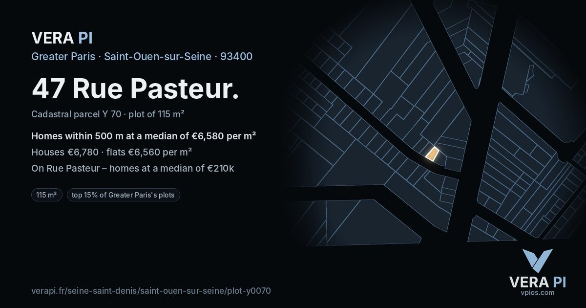 47 Rue Pasteur, Saint-Ouen-sur-Seine at night – the plot lit, the parcels around coloured by the prices near them