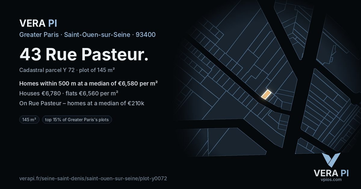 43 Rue Pasteur, Saint-Ouen-sur-Seine at night – the plot lit, the parcels around coloured by the prices near them