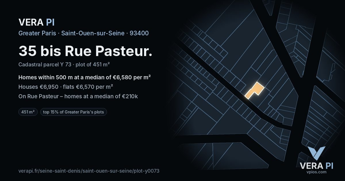 35 bis Rue Pasteur, Saint-Ouen-sur-Seine at night – the plot lit, the parcels around coloured by the prices near them