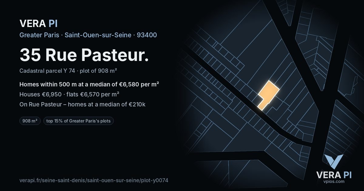 35 Rue Pasteur, Saint-Ouen-sur-Seine at night – the plot lit, the parcels around coloured by the prices near them