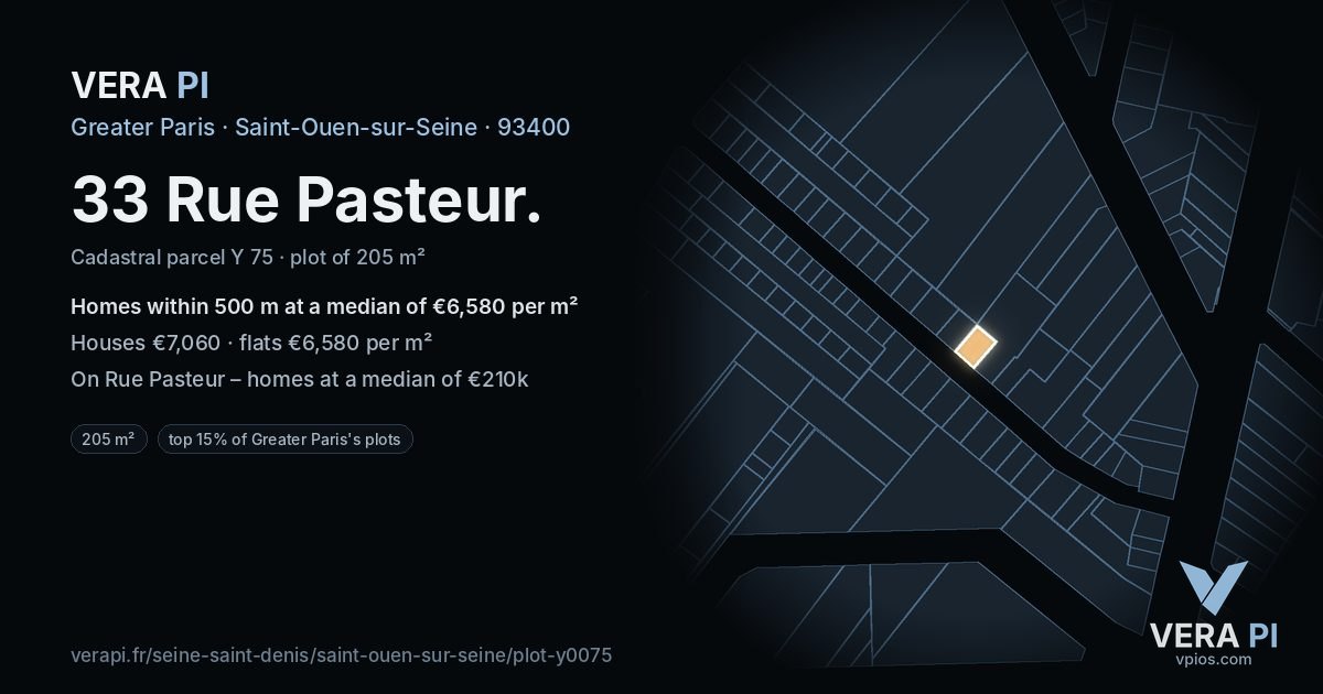 33 Rue Pasteur, Saint-Ouen-sur-Seine at night – the plot lit, the parcels around coloured by the prices near them