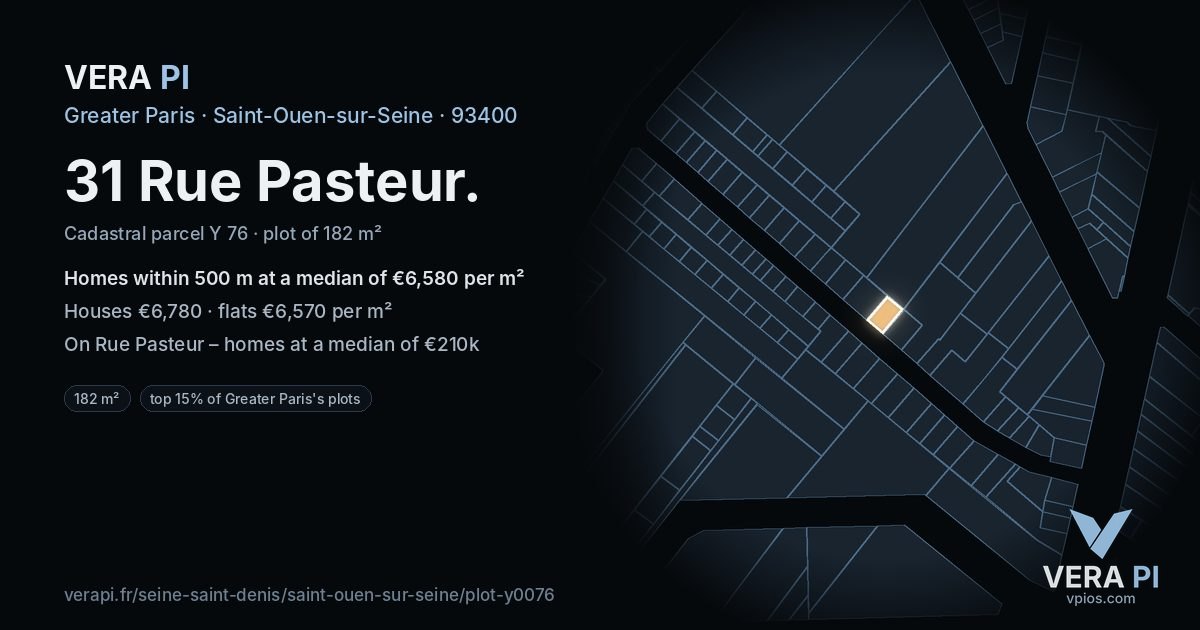 31 Rue Pasteur, Saint-Ouen-sur-Seine at night – the plot lit, the parcels around coloured by the prices near them