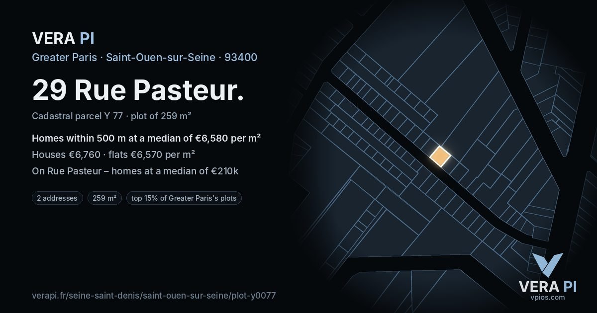 29 Rue Pasteur, Saint-Ouen-sur-Seine at night – the plot lit, the parcels around coloured by the prices near them