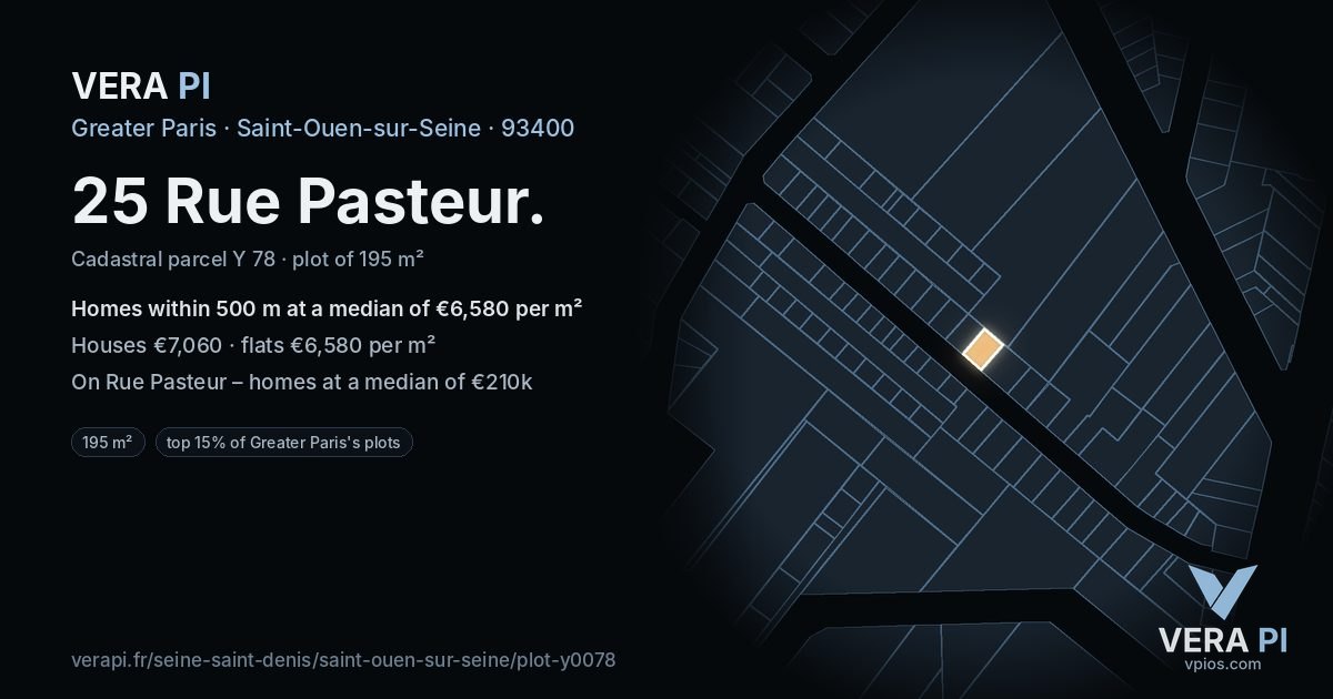 25 Rue Pasteur, Saint-Ouen-sur-Seine at night – the plot lit, the parcels around coloured by the prices near them