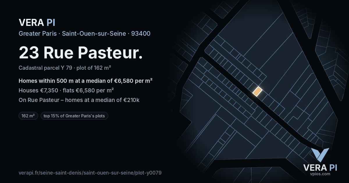 23 Rue Pasteur, Saint-Ouen-sur-Seine at night – the plot lit, the parcels around coloured by the prices near them