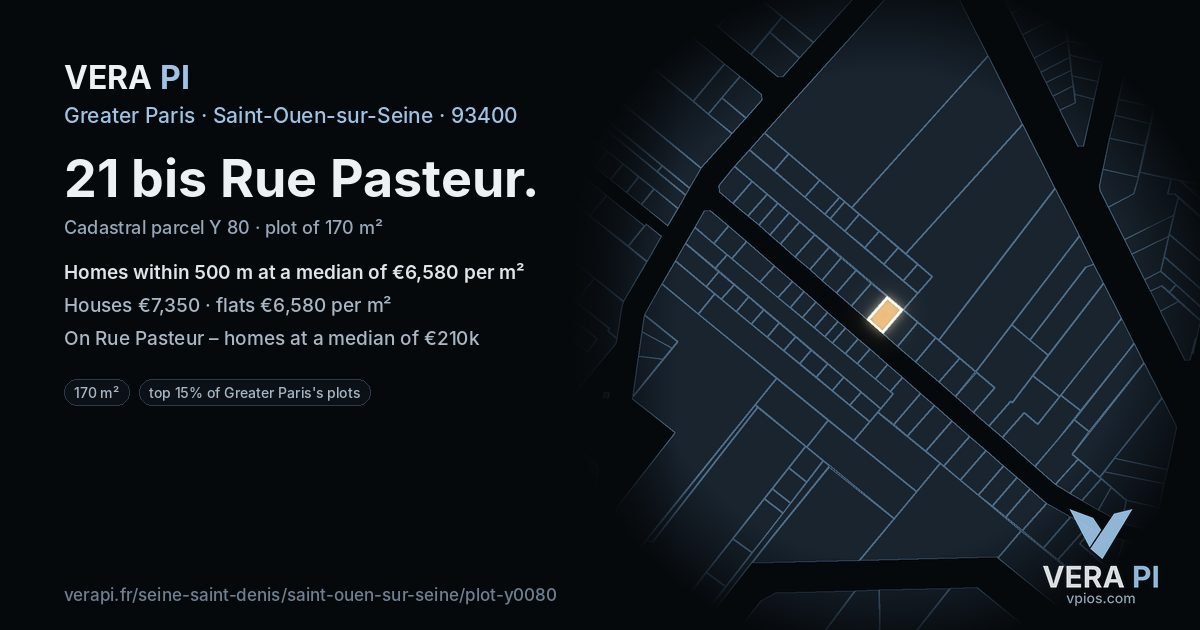 21 bis Rue Pasteur, Saint-Ouen-sur-Seine at night – the plot lit, the parcels around coloured by the prices near them