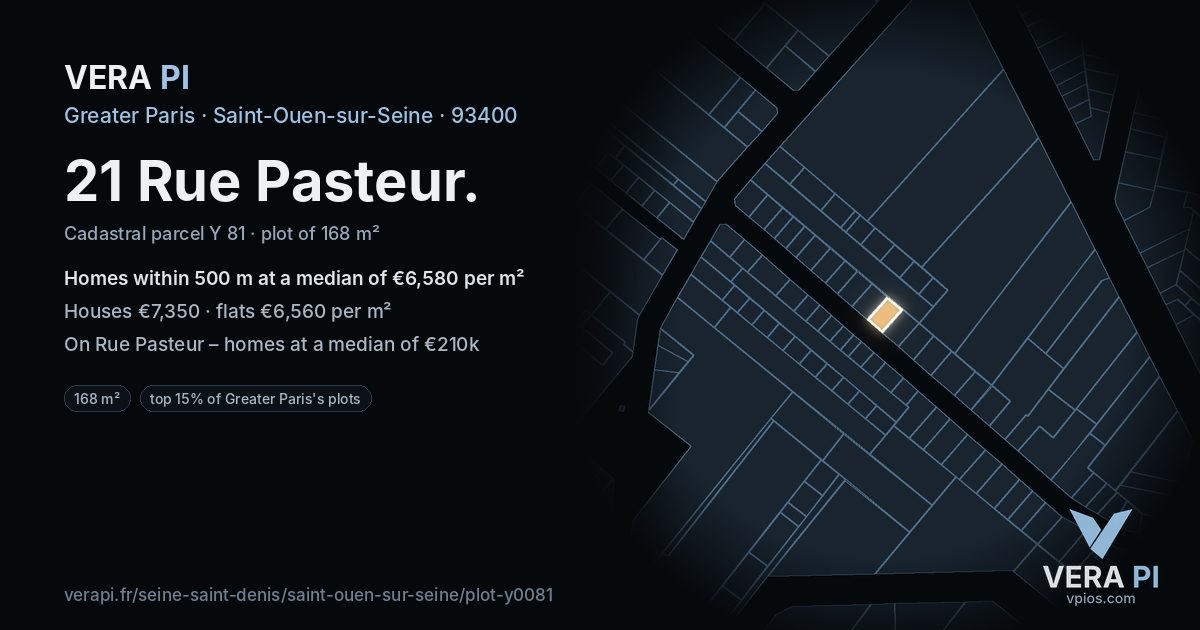 21 Rue Pasteur, Saint-Ouen-sur-Seine at night – the plot lit, the parcels around coloured by the prices near them
