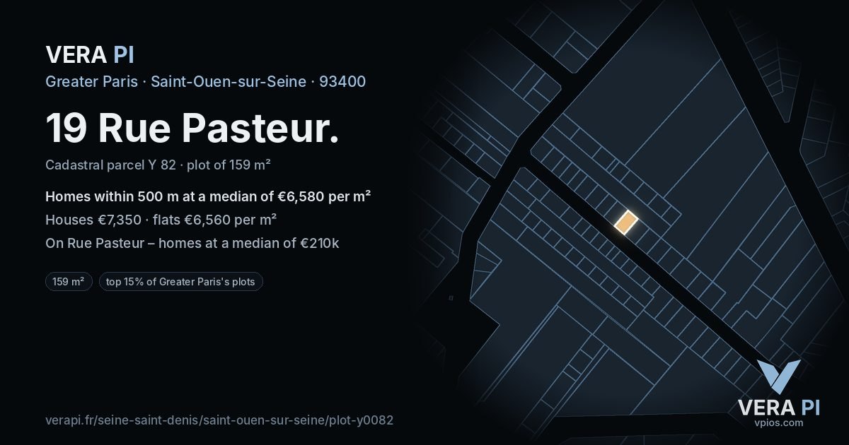 19 Rue Pasteur, Saint-Ouen-sur-Seine at night – the plot lit, the parcels around coloured by the prices near them
