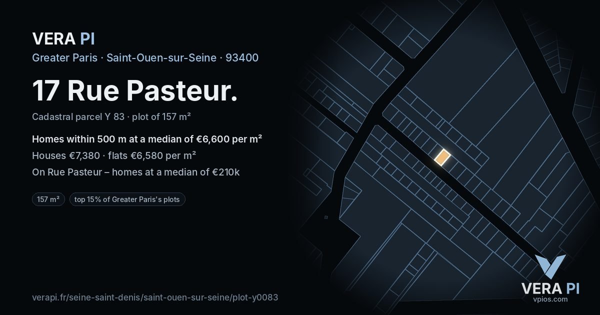17 Rue Pasteur, Saint-Ouen-sur-Seine at night – the plot lit, the parcels around coloured by the prices near them