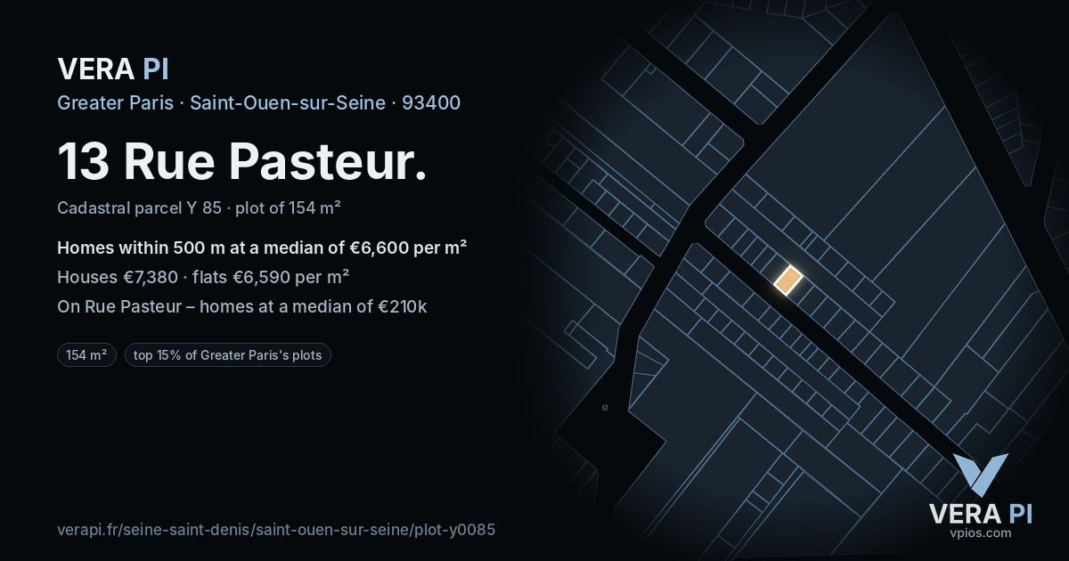 13 Rue Pasteur, Saint-Ouen-sur-Seine at night – the plot lit, the parcels around coloured by the prices near them