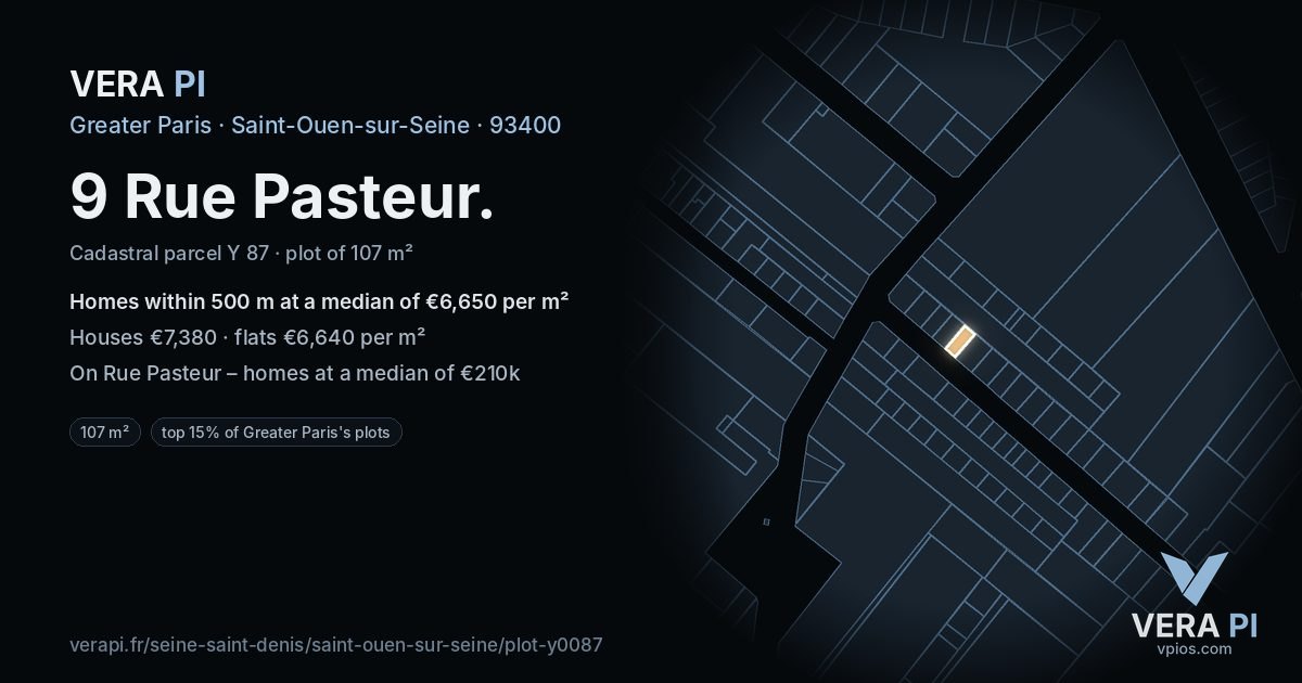 9 Rue Pasteur, Saint-Ouen-sur-Seine at night – the plot lit, the parcels around coloured by the prices near them