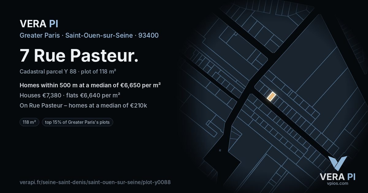 7 Rue Pasteur, Saint-Ouen-sur-Seine at night – the plot lit, the parcels around coloured by the prices near them