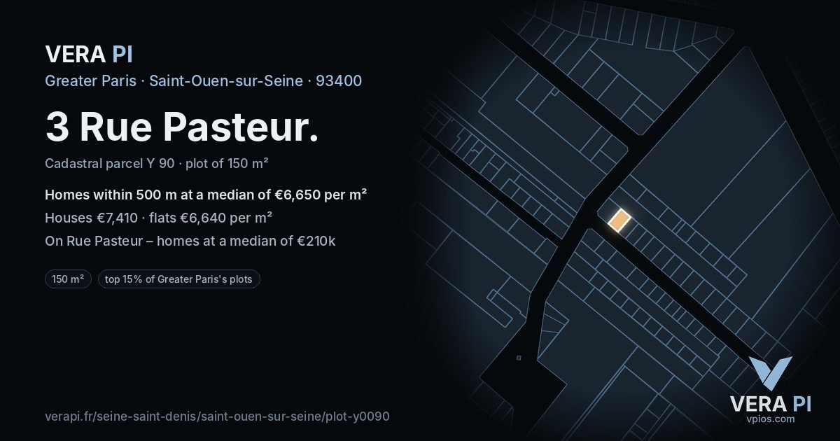 3 Rue Pasteur, Saint-Ouen-sur-Seine at night – the plot lit, the parcels around coloured by the prices near them