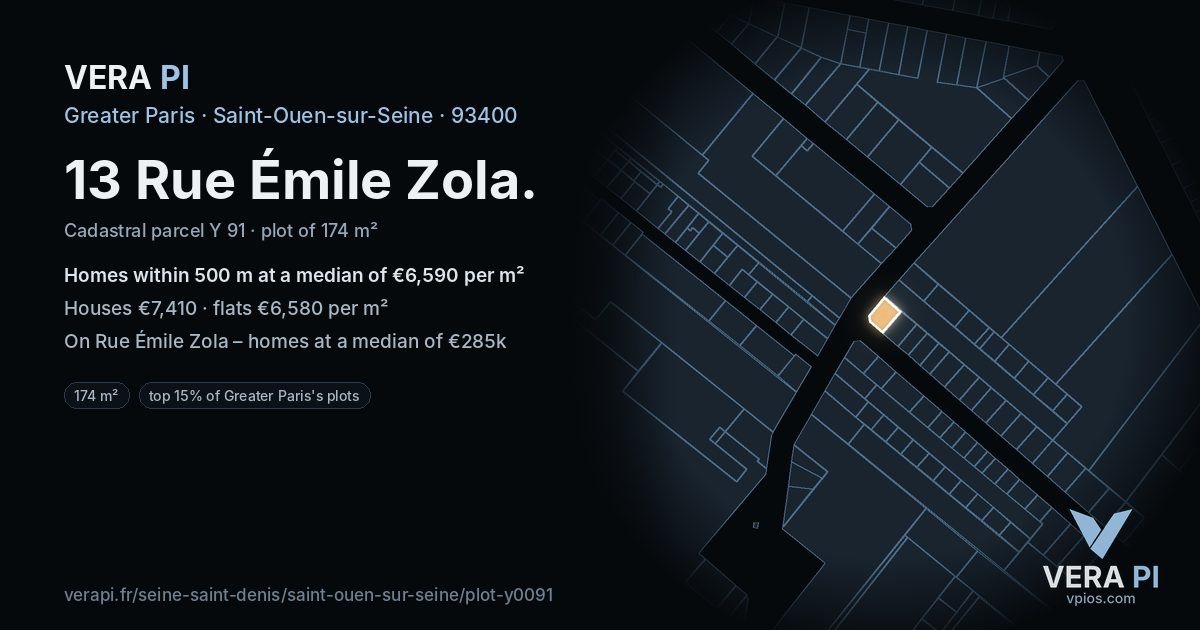 13 Rue Émile Zola, Saint-Ouen-sur-Seine at night – the plot lit, the parcels around coloured by the prices near them