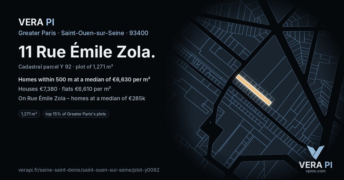 11 Rue Émile Zola, Saint-Ouen-sur-Seine at night – the plot lit, the parcels around coloured by the prices near them