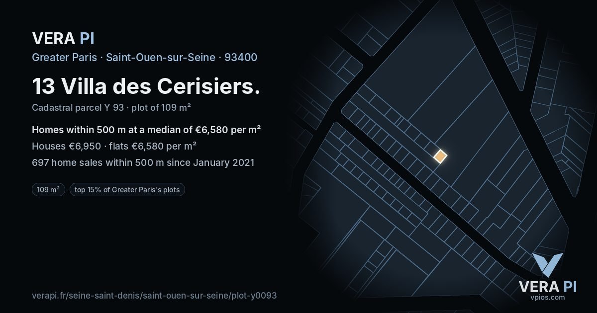 13 Villa des Cerisiers, Saint-Ouen-sur-Seine at night – the plot lit, the parcels around coloured by the prices near them
