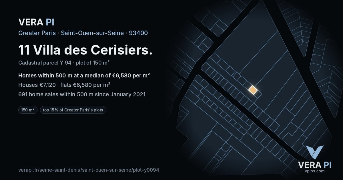 11 Villa des Cerisiers, Saint-Ouen-sur-Seine at night – the plot lit, the parcels around coloured by the prices near them