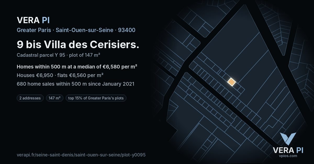 9 bis Villa des Cerisiers, Saint-Ouen-sur-Seine at night – the plot lit, the parcels around coloured by the prices near them